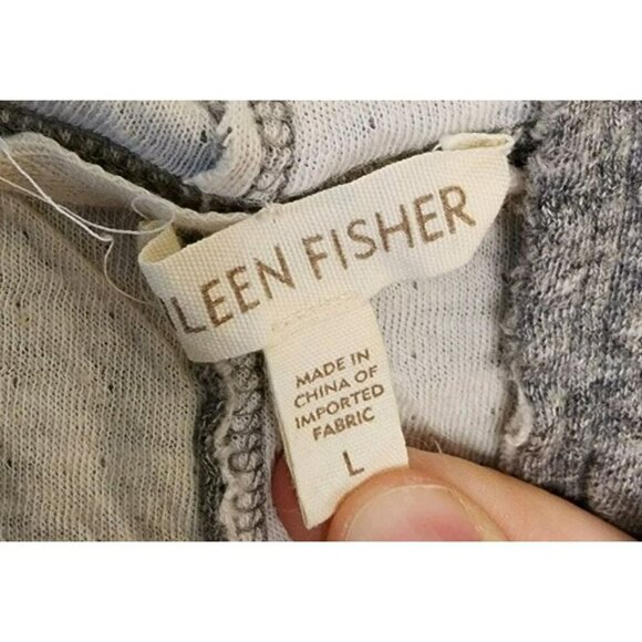 EILEEN FISHER Gray Double Layer Ripple Knit Button Hooded Sweater Sz L Cotton - Picture 3 of 4